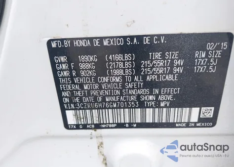 2016 Honda Hr-V Ex-L из США, поврежденный, VIN 3CZRU6H76GM701353